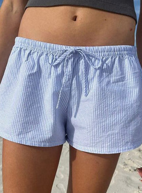 ROCKMORE【美式辣妹】蓝色条纹系带休闲短裤 低腰宽松百搭热裤夏