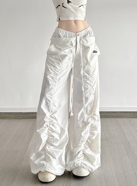 ROCKMORE【酷辣休闲】白色双腰头设计感褶皱阔腿裤宽松显瘦长裤夏