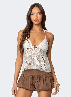 ROCKMORE【嬉皮辣妹】纯欲蕾丝提花V领圆环镂空吊带 露背度假背心