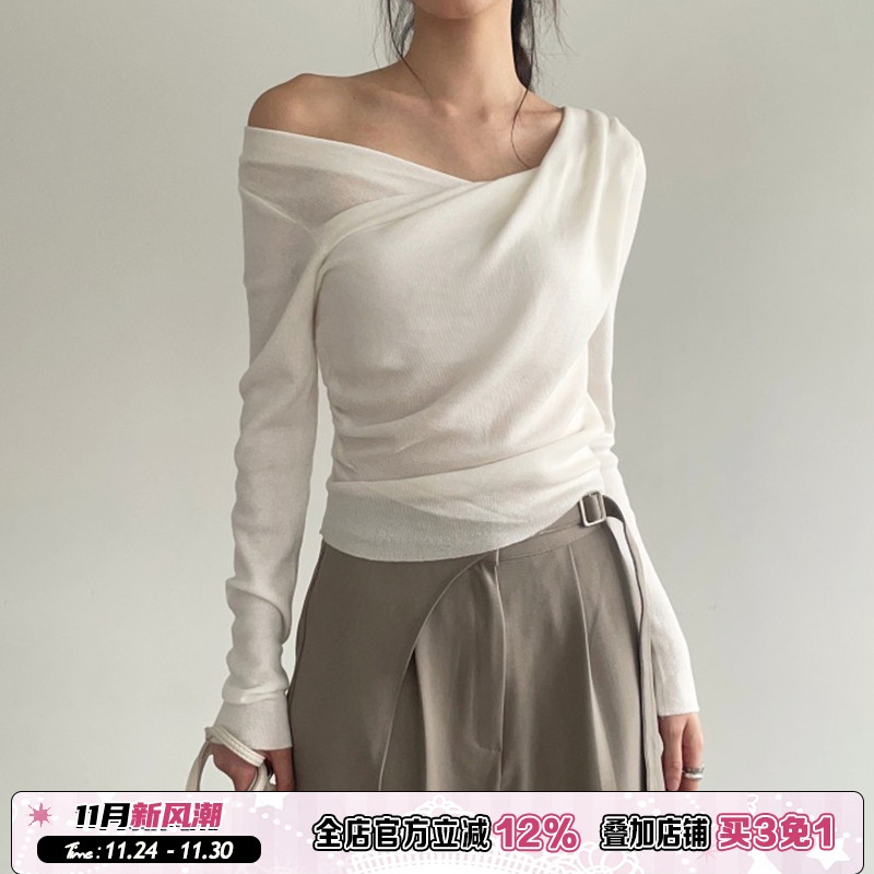 纯色露肩不规则荡领上衣