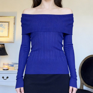 女蓝性感露肩设计毛衣 克莱因蓝一字肩毛织衫 ROCKMORE 轻熟姐感
