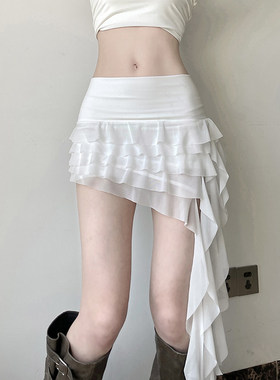 ROCKMORE【度假风】白色荷叶边网纱飘带半身裙低腰性感不规则短裙