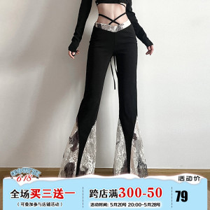 ROCKMORE【黑色缪斯】气质女神透视蕾丝拼接喇叭裤 显瘦百搭长裤