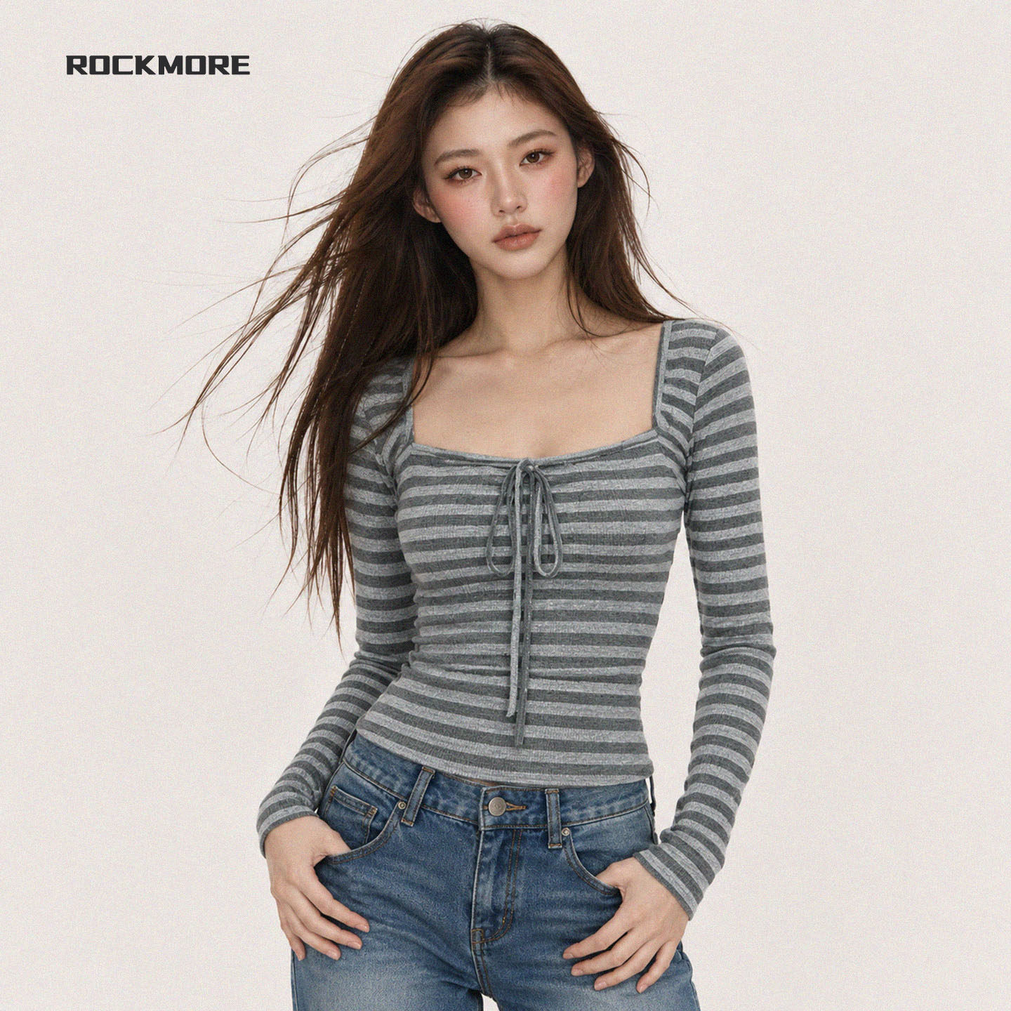 #ROCKMORE#美式辣妹撞色条纹方领喇叭长袖T恤女 小众修身显瘦上衣