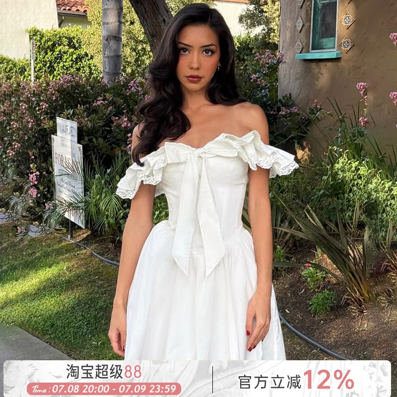 法式蝴蝶结蕾丝拼接一字肩A字裙