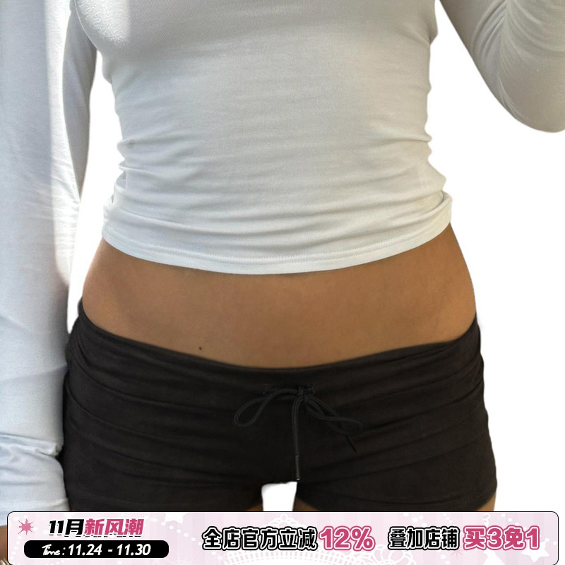 系带松紧腰黑色紧身休闲裤