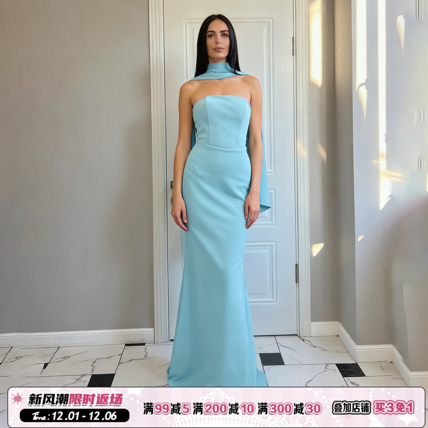 高级感围脖飘带抹胸连衣裙