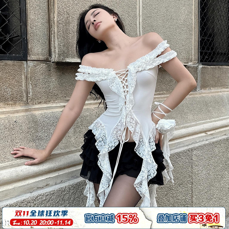 ROCKMORE【流浪诗人】性感度假风蕾丝飘带显瘦抹胸女纯欲绑带上衣