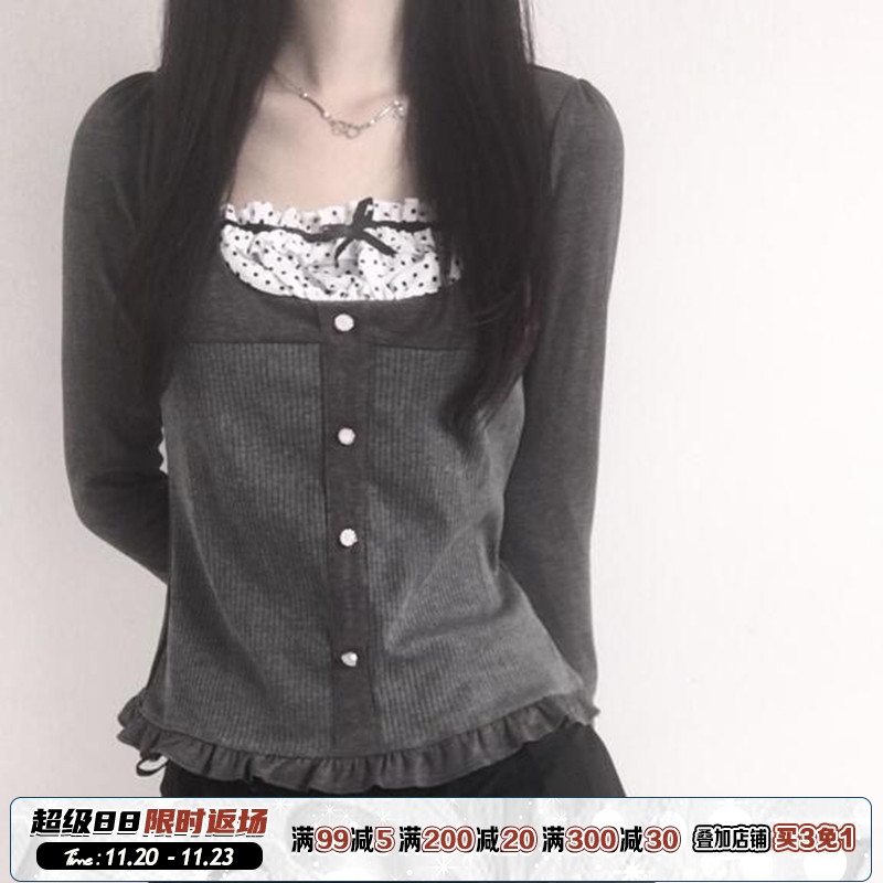 日系法式波点拼接假两件长袖T恤