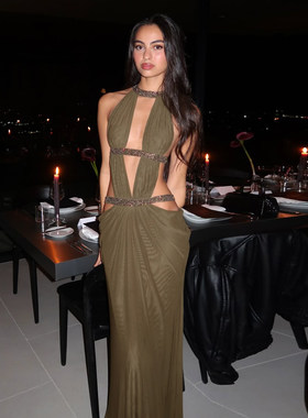 ROCKMORE【加州辣妹】性感露背拼接镂空挂脖连衣裙女紫色气质礼服