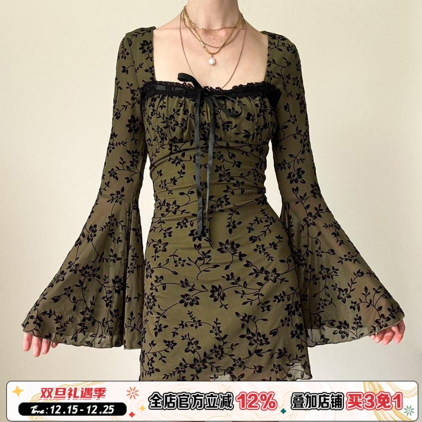 ROCKMORE【中古气质】植系印花喇叭袖连衣裙蕾丝拼接方领修身裙子