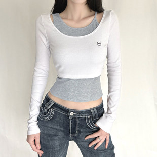 修身 撞色真两件刺绣设计T恤女 显瘦叠穿上衣 简约美式 ROCKMORE