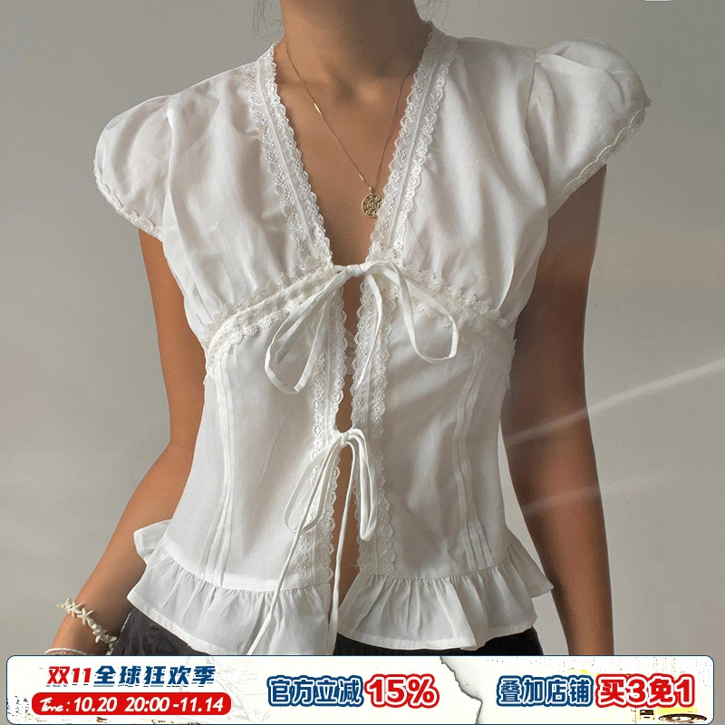 系带蕾丝v领泡泡短袖白色衬衫