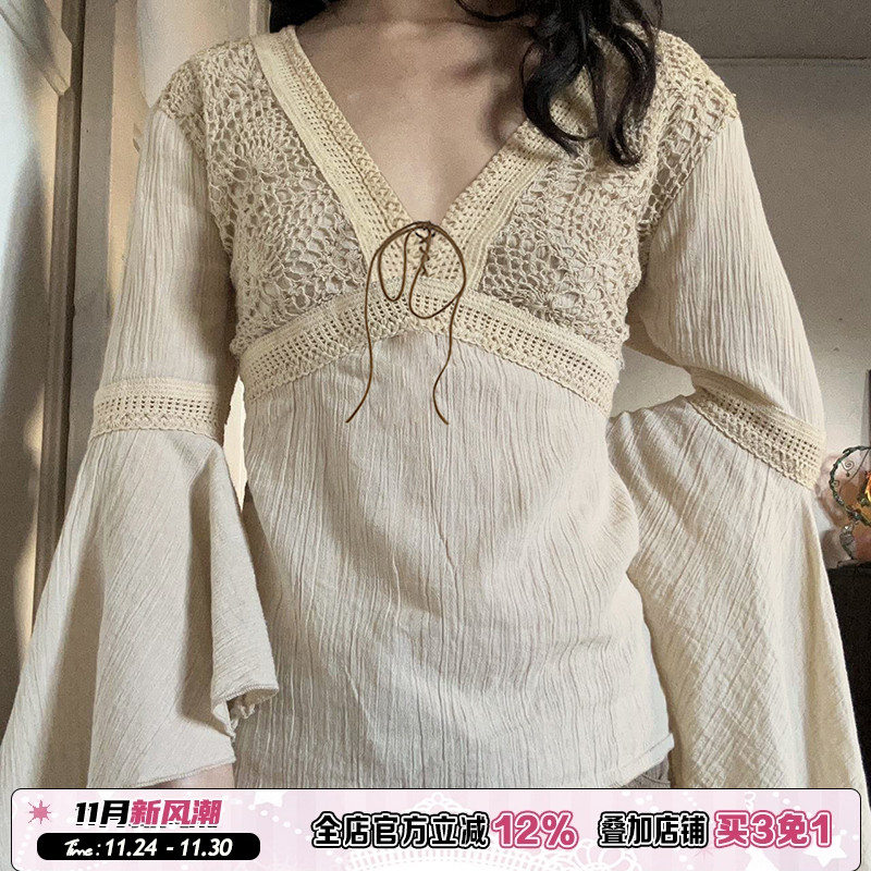 文艺民风气质拼接网布衬衫上衣