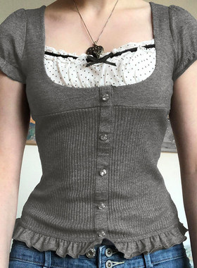 ROCKMORE【波西米亚】法式宫廷设计纽扣波点方领短袖拼接撞色上衣