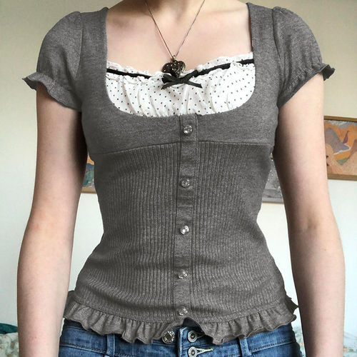 法式宫廷设计纽扣波点方领短袖