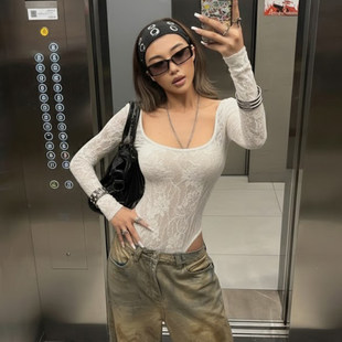 连体衣内搭修身 高级感蕾丝提花白色长袖 上衣 韩系街头 ROCKMORE