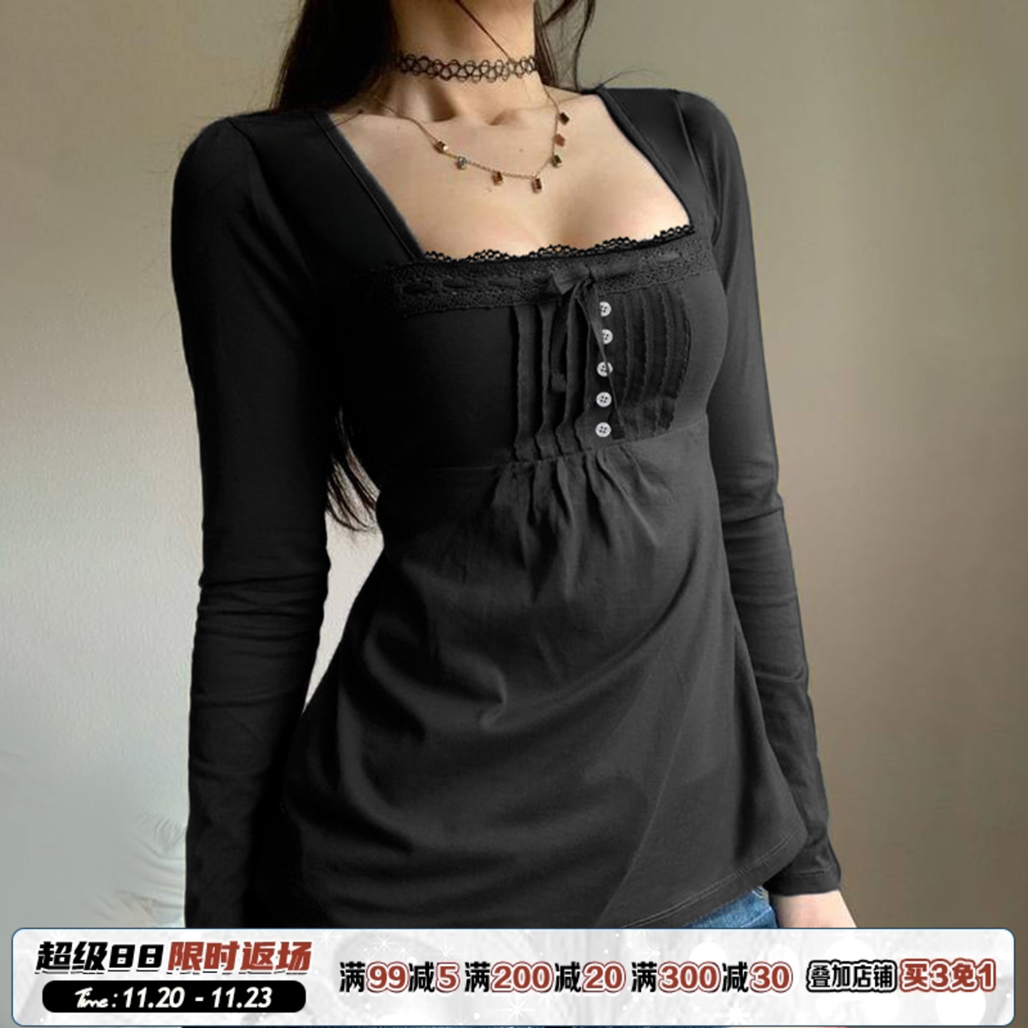 ROCKMORE【暗黑少女】黑色方领蕾丝拼接打褶长袖上衣显瘦高腰T恤