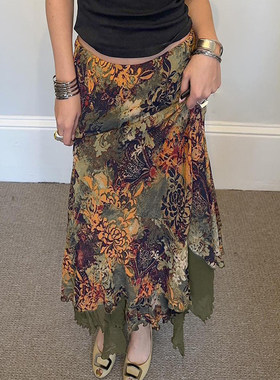 ROCKMORE【森系秘境】vintage中古绿色花卉不规则半裙小众中长裙