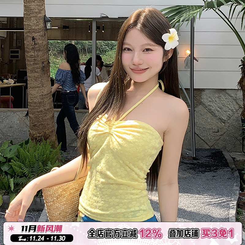 褶皱胸型系带挂脖背心