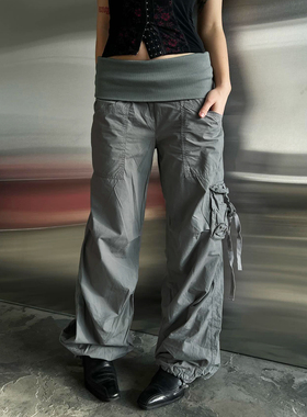 ROCKMORE【美式酷girl】灰色工装风翻腰头休闲裤女口袋设计阔腿裤