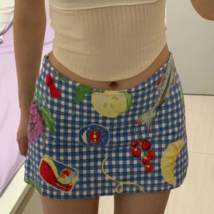 短裙 水果格纹印花蓝色系半裙度假风辣妹修身 ROCKMORE 夏日缤纷