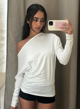 ROCKMORE【欧美ins】纯色斜肩性感宽松上衣气质百搭显瘦休闲T恤女