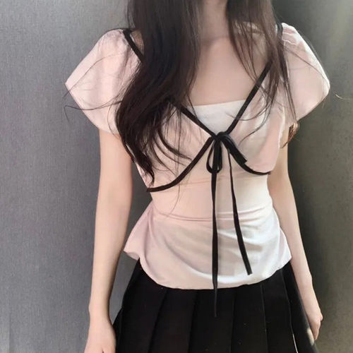 撞色绑带蝴蝶结v领甜美上衣