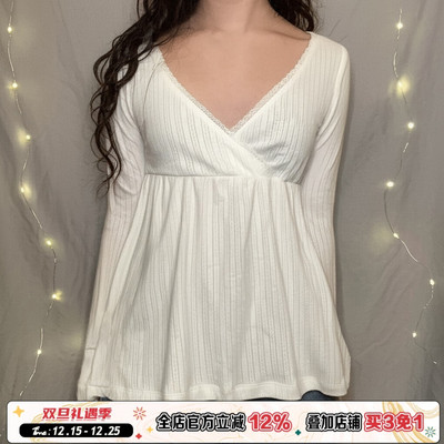 少女风蕾丝交叉领长袖T恤米白色