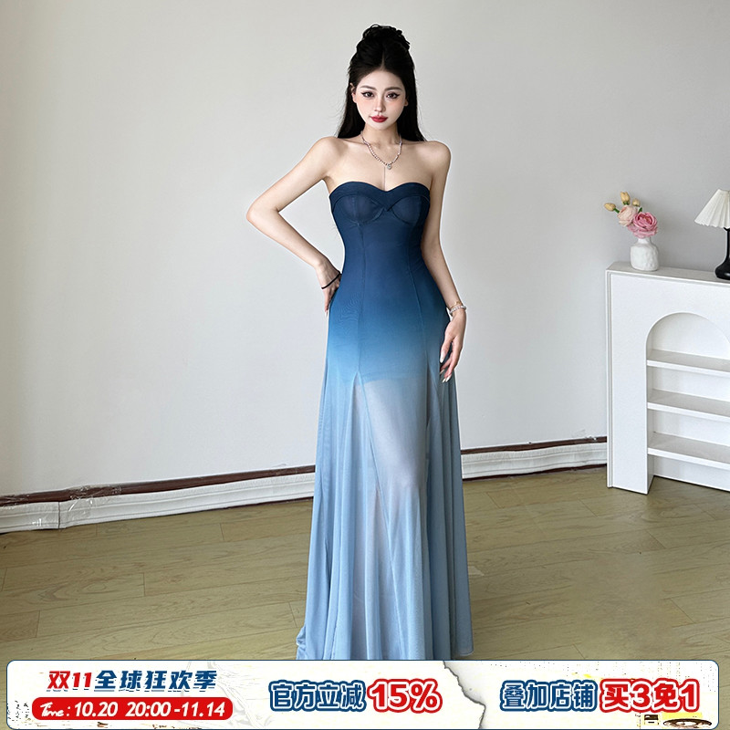 超仙蓝色渐变网纱海岛度假抹胸裙