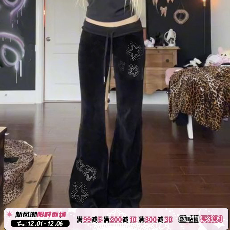 复古星星烫钻镂空螺纹腰头丝绒裤