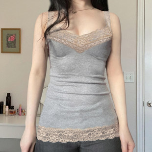 打底衫 灰色蕾丝拼接吊带背心女内搭修身 上衣 小众纯欲 ROCKMORE