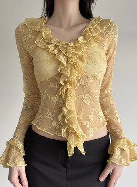 ROCKMORE【仲夏复古】黄色轻薄透视荷叶边叠穿开衫女度假修身罩衫