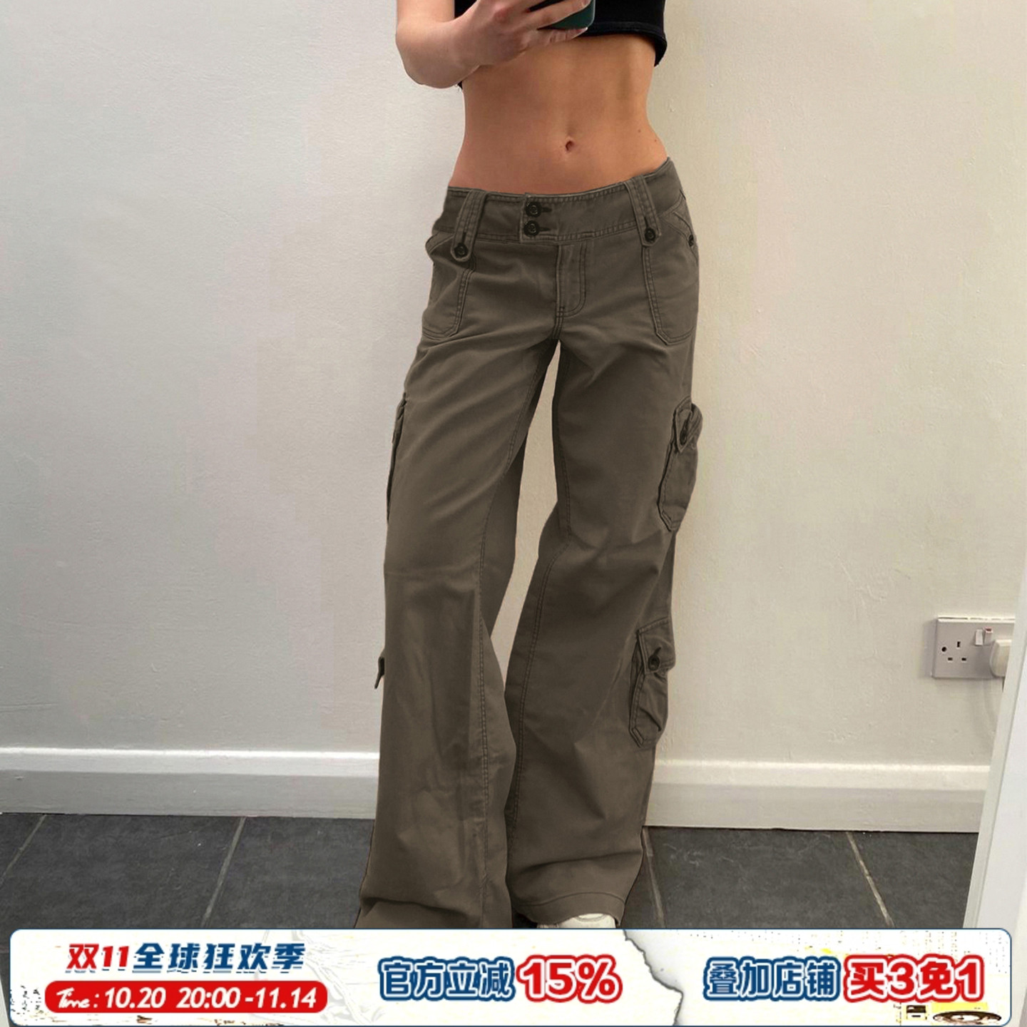 低腰美式复古做旧灰色休闲裤