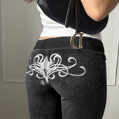 ROCKMORE 低腰显瘦百搭休闲裤 古早亚比 黑色丝绒星星刺绣微喇裤