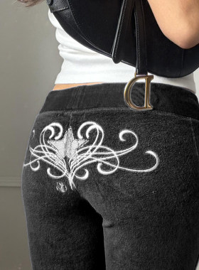 ROCKMORE【古早亚比】黑色丝绒星星刺绣微喇裤低腰显瘦百搭休闲裤