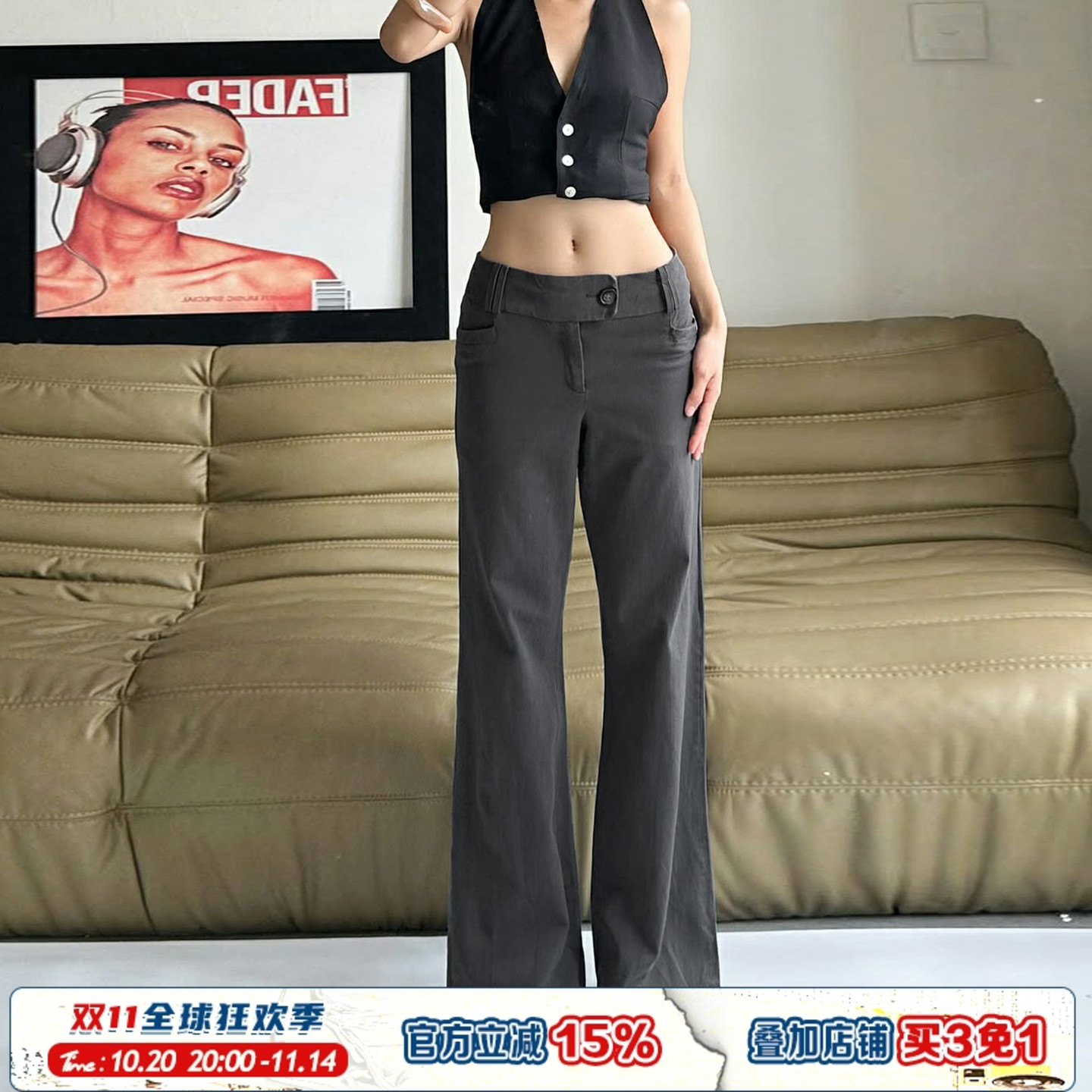 ROCKMORE【高智辣妹】深灰色低腰直筒显瘦西裤百搭通勤梭织休闲裤