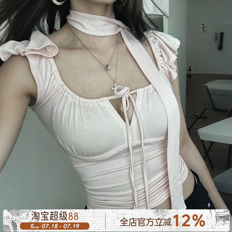 ROCKMORE【甜辣少女】浅粉色小飞袖绑带上衣方领显胸性感短袖T恤