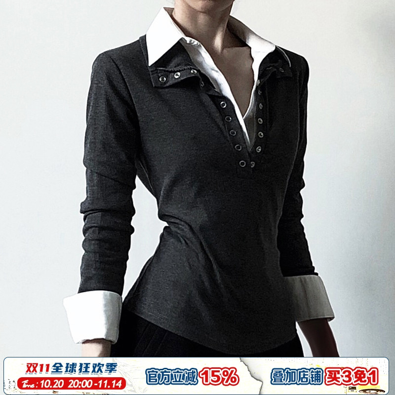 撞色拼接假两件翻领长袖T恤