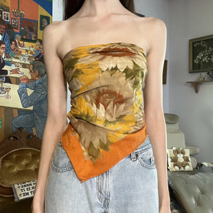 上衣 向日葵印花不规则绑带抹胸背心性感修身 ROCKMORE 秋日暖阳