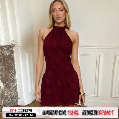 肌理感提花挂脖连衣裙女