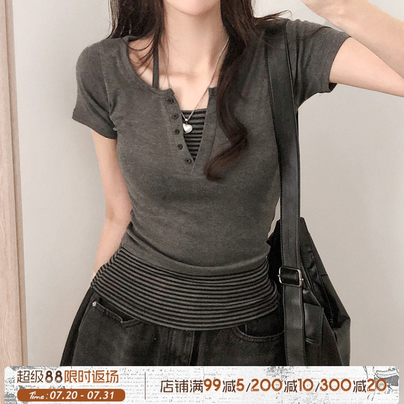 撞色条纹真两件短袖T恤女