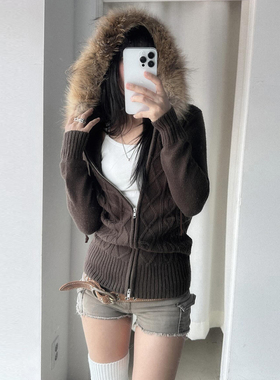 ROCKMORE【基础百搭】棕色毛领连帽麻花长袖外套修身拉链针织毛衫