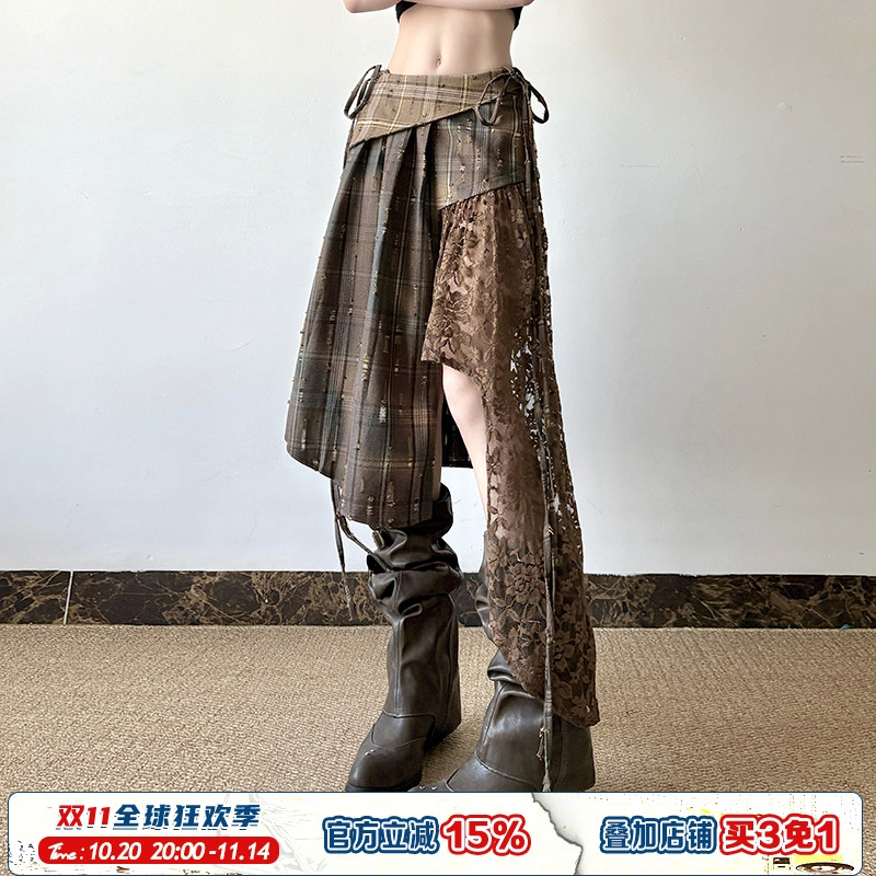 棕色格纹蕾丝拼接半裙系带