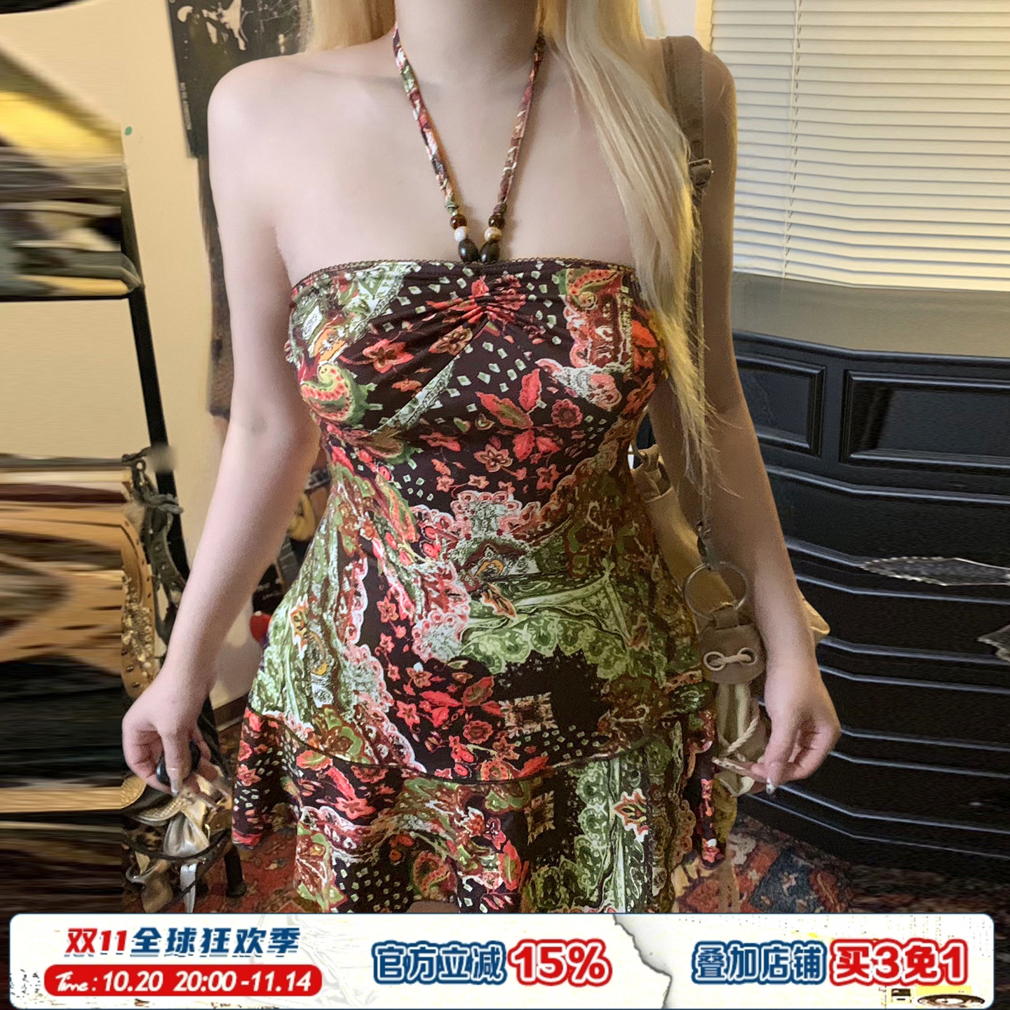 复古印花串珠挂脖辣妹度假连衣裙
