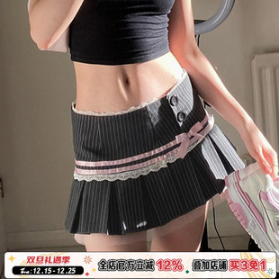 短裙 撞色条纹蝴蝶结蕾丝百褶裙甜美辣妹西装 ROCKMORE 美校复古