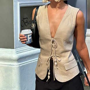 背心系带收腰休闲马甲女 卡其色串珠绑带西装 ROCKMORE 简约气质