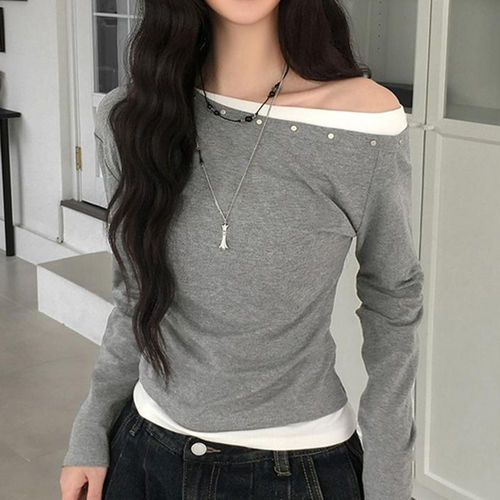 设计感假两件拼接撞色斜肩T恤女