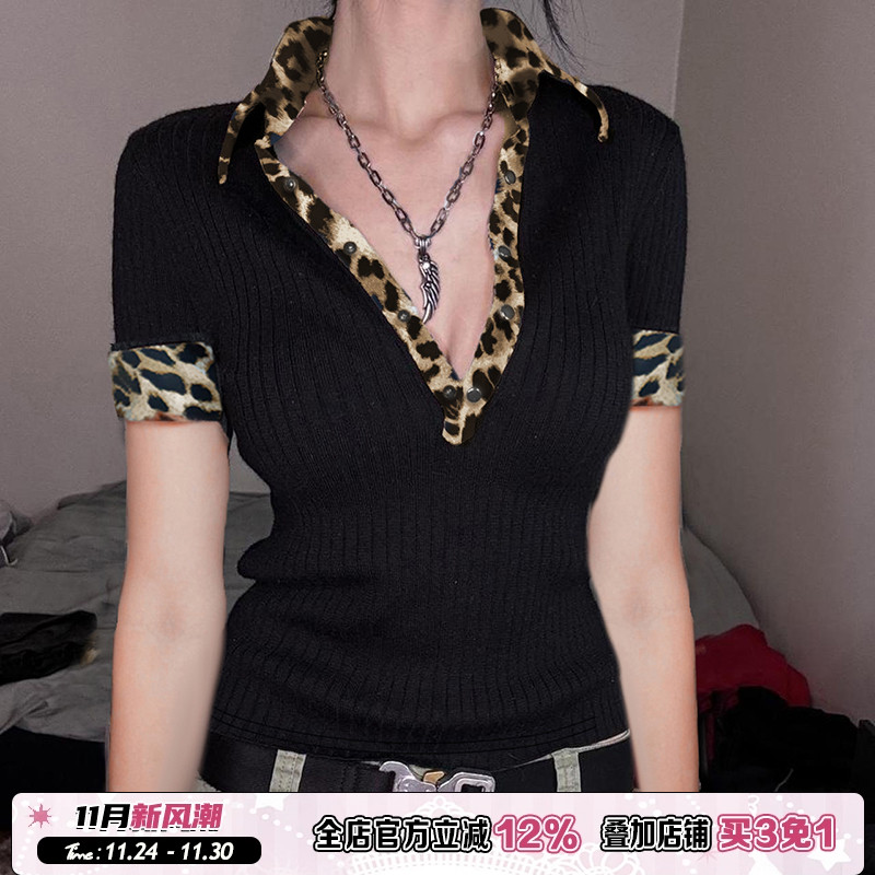 豹纹拼接撞色翻领短袖T恤