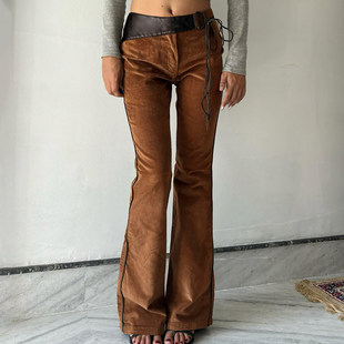 微喇裤 ROCKMORE 女棕色修身 腰头拼接设计灯芯绒休闲裤 摩登女郎